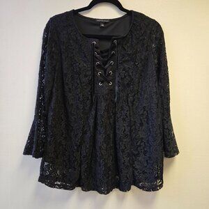 Black Lace Bell Sleeve Top Lace-Up Front S Witchy Whimsigoth Goth Vampire